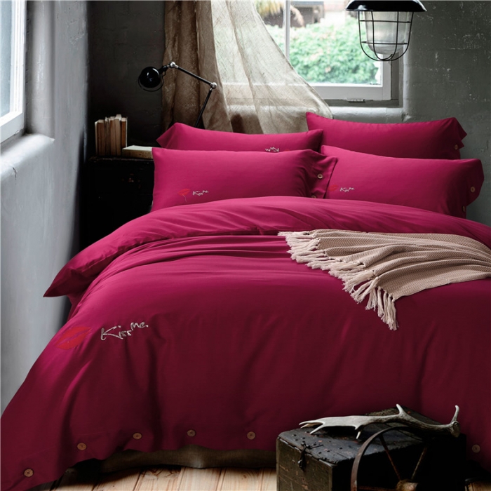 91家纺网 家纺一手货源 找家纺 欧冠家纺天丝棉麻四件套床上用品套件酒红色