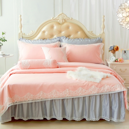 91家纺网 家纺一手货源 找家纺 菊上家纺 60S贡缎全棉纯色蕾丝床裙四件套 轻奢风系列8色