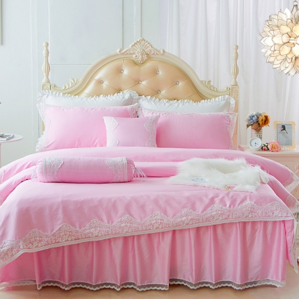 菊上家纺 60S贡缎全棉纯色蕾丝床裙四件套 轻奢风粉黛佳人