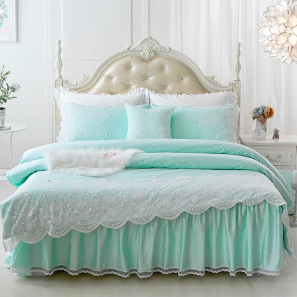 菊上家纺 60S贡缎全棉纯色蕾丝床裙四件套 轻奢风 苏打绿色