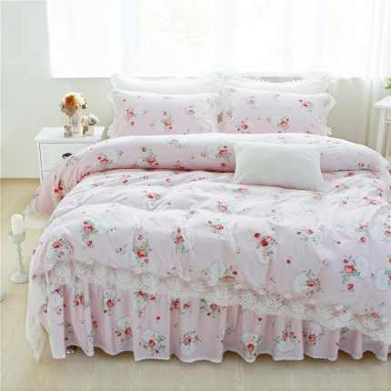 91家纺网 家纺一手货源 找家纺 优质全棉13372韩版蕾丝床裙精品四件套 梦幻粉