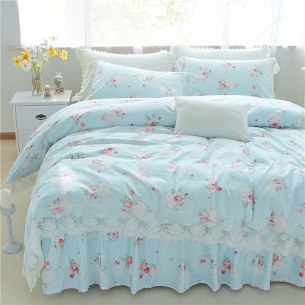 91家纺网 家纺一手货源 找家纺 优质全棉13372韩版蕾丝床裙款四件套 梦幻蓝