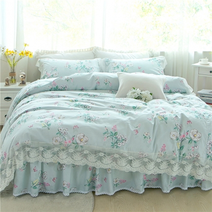 菊上 优质全棉13372韩版蕾丝床裙款四件套 绿仙子