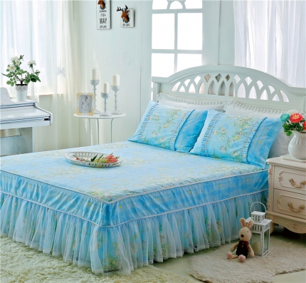 91家纺网 家纺一手货源 找家纺 菊上 精品133*72小清新床单单床裙款款四件套雅典娜天蓝
