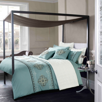 91家纺网 家纺一手货源 找家纺 兴美佳家纺 欧式60s贡缎长绒棉刺绣四件套幽兰古调-蓝