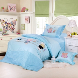 兴莉家纺 全棉加厚绣花四件套童年恋曲蓝