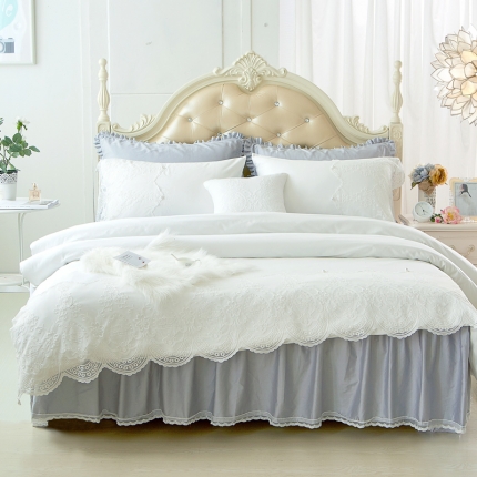 菊上家纺 60S贡缎全棉纯色蕾丝床裙四件套 灰白情调