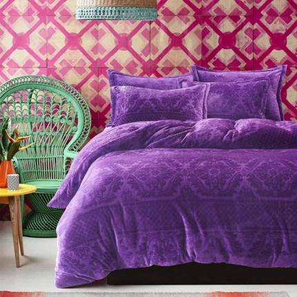 兴林居家纺云貂绒雕花四件套加厚法兰绒保暖床上用品冬季套件紫色