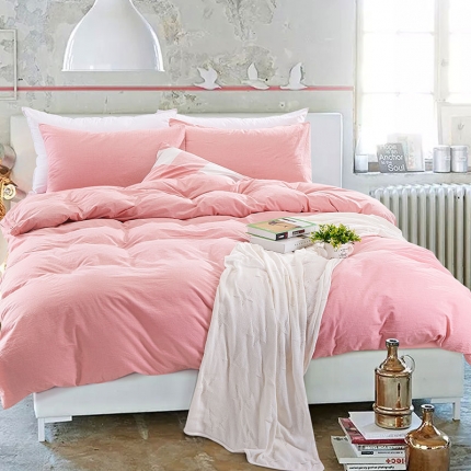 棉品坊 天然透气柔软水洗棉四件套纯色系列 纯粉色床笠款