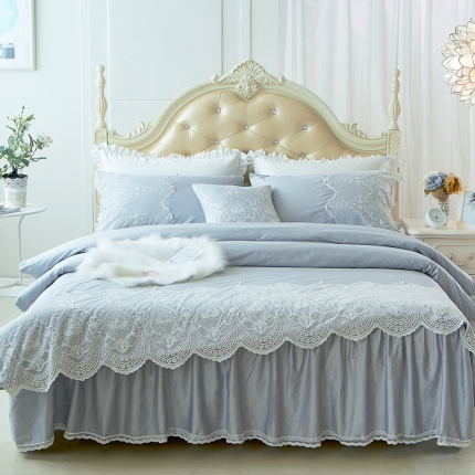 91家纺网 家纺一手货源 找家纺 菊上家纺 60S贡缎全棉纯色蕾丝床裙四件套 轻奢风系列8色