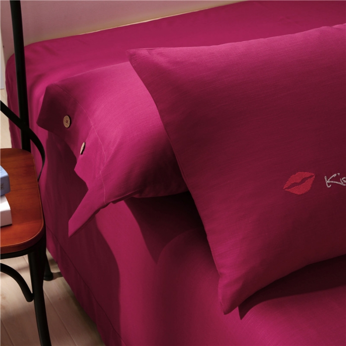 91家纺网 家纺一手货源 找家纺 欧冠家纺天丝棉麻四件套床上用品套件酒红色