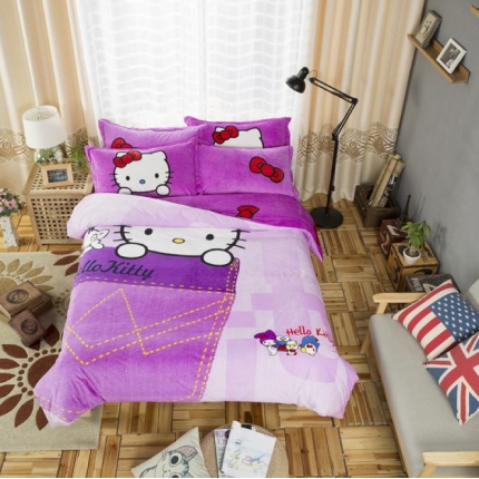 91家纺网 家纺一手货源 找家纺 漫调家纺 温暖舒适水晶绒四件套凯蒂乐园