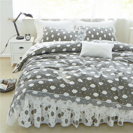 菊上 优质全棉13372韩版蕾丝床裙款四件套   云朵