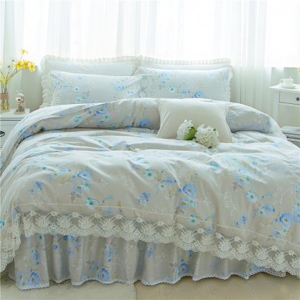 菊上 优质全棉13372韩版蕾丝床裙款四件套 蓝莲花