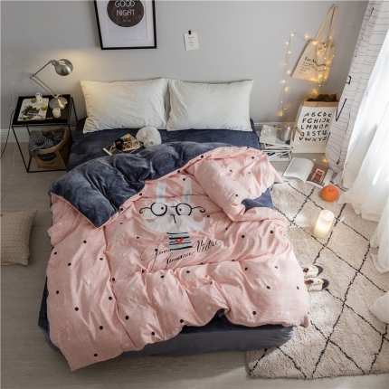 91家纺网 家纺一手货源 找家纺 慕梵ins卡通大版水洗暖绒+法莱绒被套单件 水晶绒珊瑚绒被罩