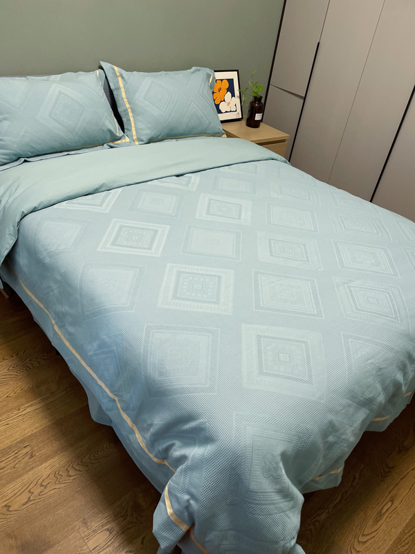 91家纺网 家纺一手货源 找家纺 艾莱2022新款华夫格全棉水洗棉四件套-卡诺凡卡诺凡-蓝水绿