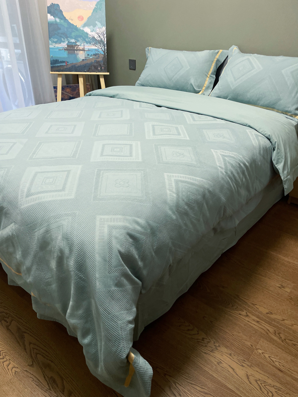 91家纺网 家纺一手货源 找家纺 艾莱2022新款华夫格全棉水洗棉四件套-卡诺凡卡诺凡-蓝水绿