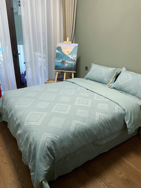 91家纺网 家纺一手货源 找家纺 艾莱2022新款华夫格全棉水洗棉四件套-卡诺凡卡诺凡-蓝水绿