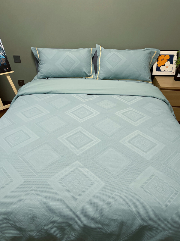 91家纺网 家纺一手货源 找家纺 艾莱2022新款华夫格全棉水洗棉四件套-卡诺凡卡诺凡-蓝水绿