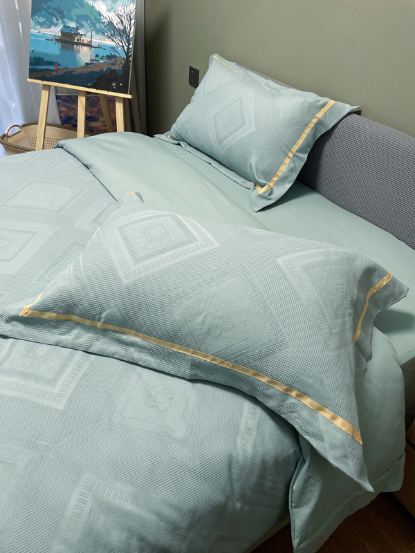 91家纺网 家纺一手货源 找家纺 艾莱2022新款华夫格全棉水洗棉四件套-卡诺凡卡诺凡-蓝水绿