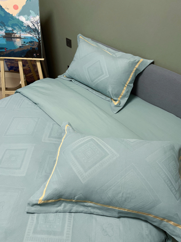 91家纺网 家纺一手货源 找家纺 艾莱2022新款华夫格全棉水洗棉四件套-卡诺凡卡诺凡-蓝水绿