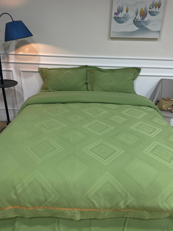 91家纺网 家纺一手货源 找家纺 艾莱2022新华夫格全棉水洗棉四件套-卡诺凡卡诺凡-牛油果绿