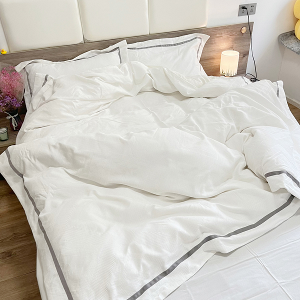 91家纺网 家纺一手货源 找家纺 艾莱2022新款华夫格全棉水洗棉四件套-卡诺凡卡诺凡-象牙白