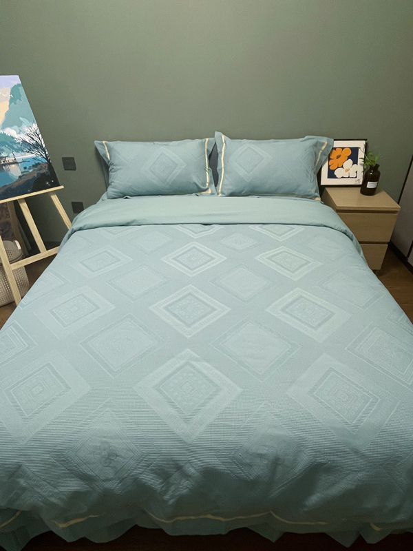 91家纺网 家纺一手货源 找家纺 艾莱2022新款华夫格全棉水洗棉四件套-卡诺凡卡诺凡-蓝水绿