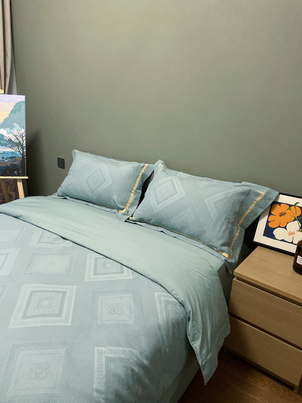 91家纺网 家纺一手货源 找家纺 艾莱2022新款华夫格全棉水洗棉四件套-卡诺凡卡诺凡-蓝水绿