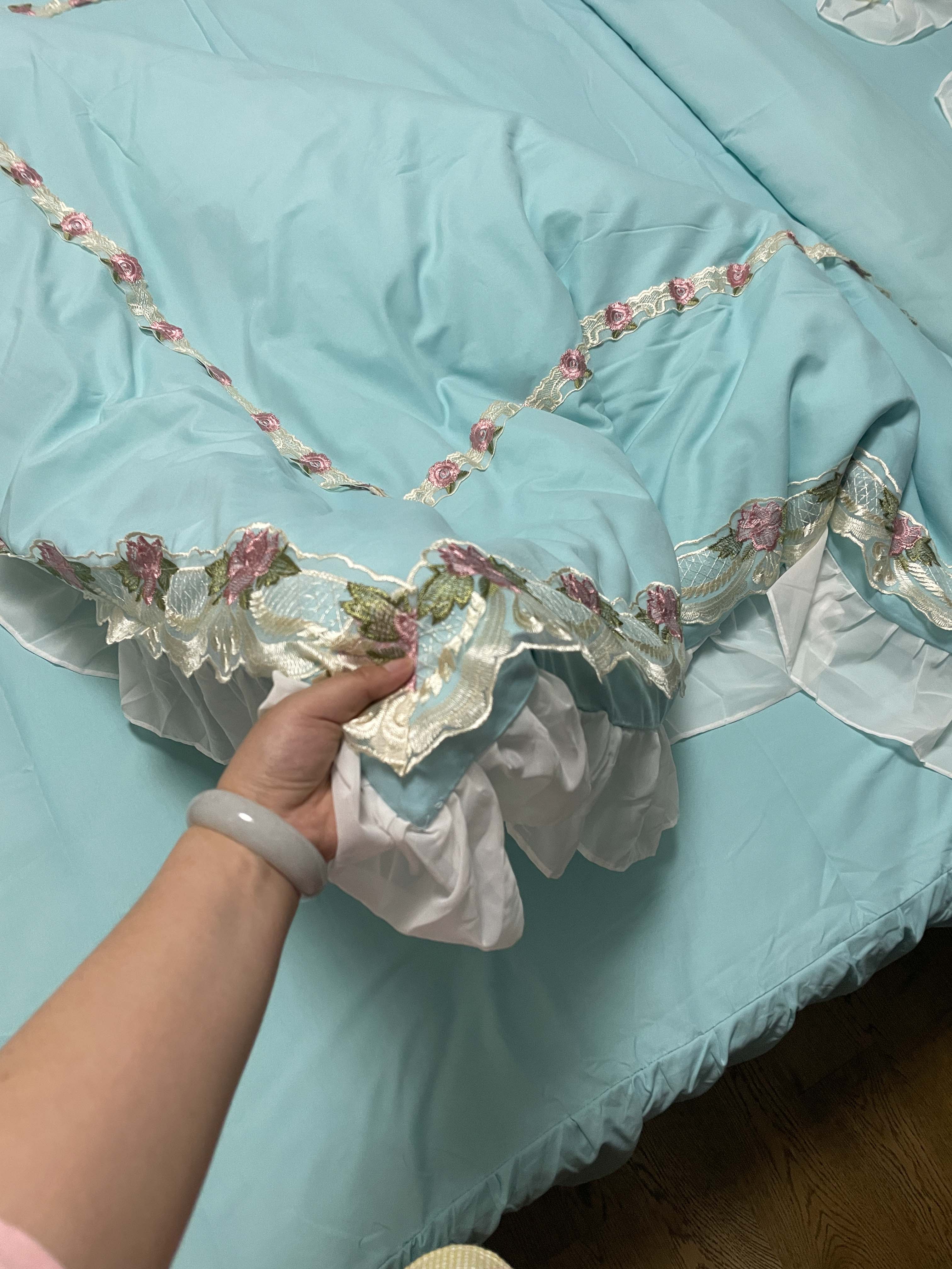 91家纺网 家纺一手货源 找家纺 芭比蔓 2024新款韩版雪纺磨毛四件套-安妮公主 海蓝色