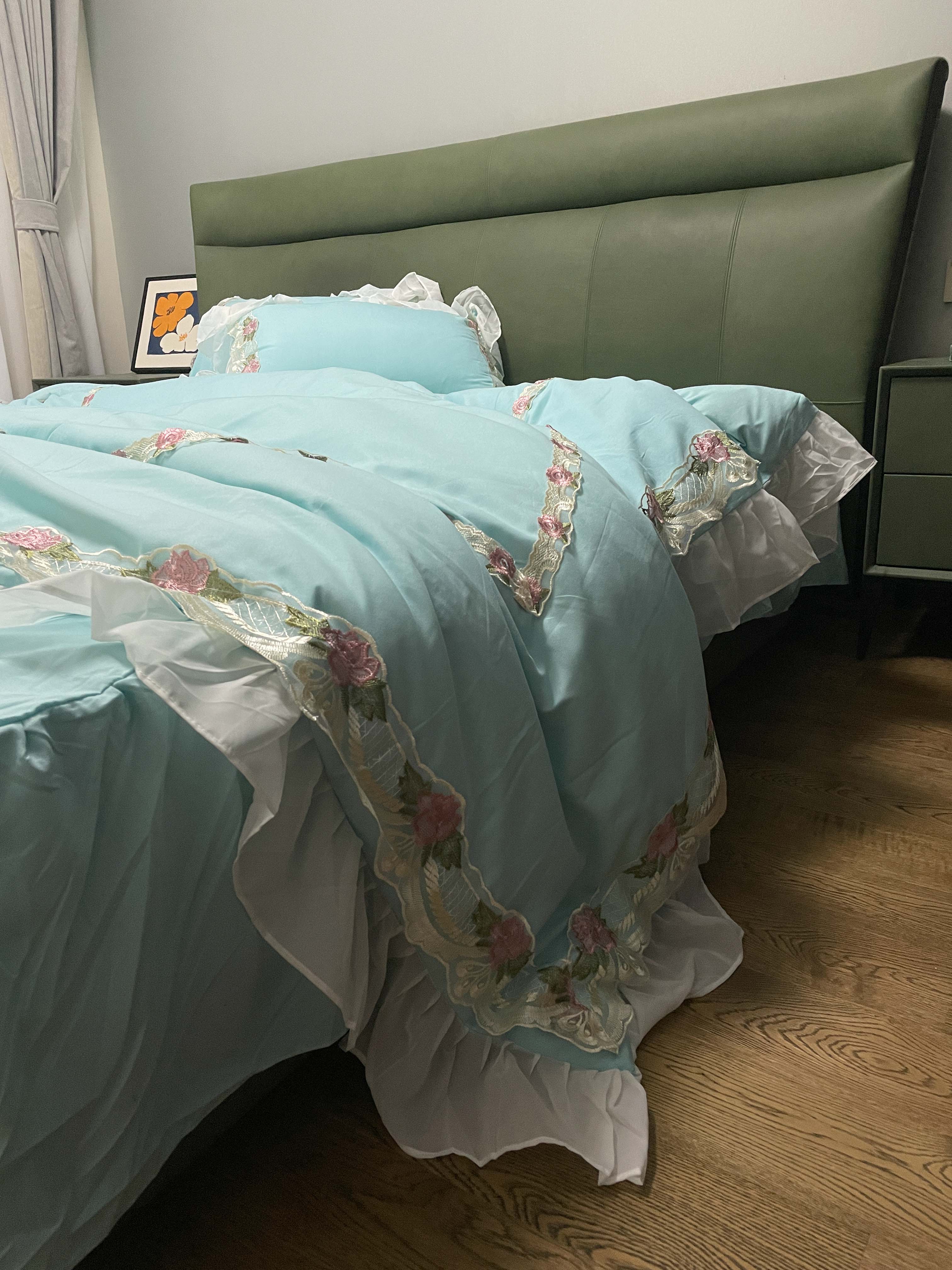 91家纺网 家纺一手货源 找家纺 芭比蔓 2024新款韩版雪纺磨毛四件套-安妮公主 海蓝色