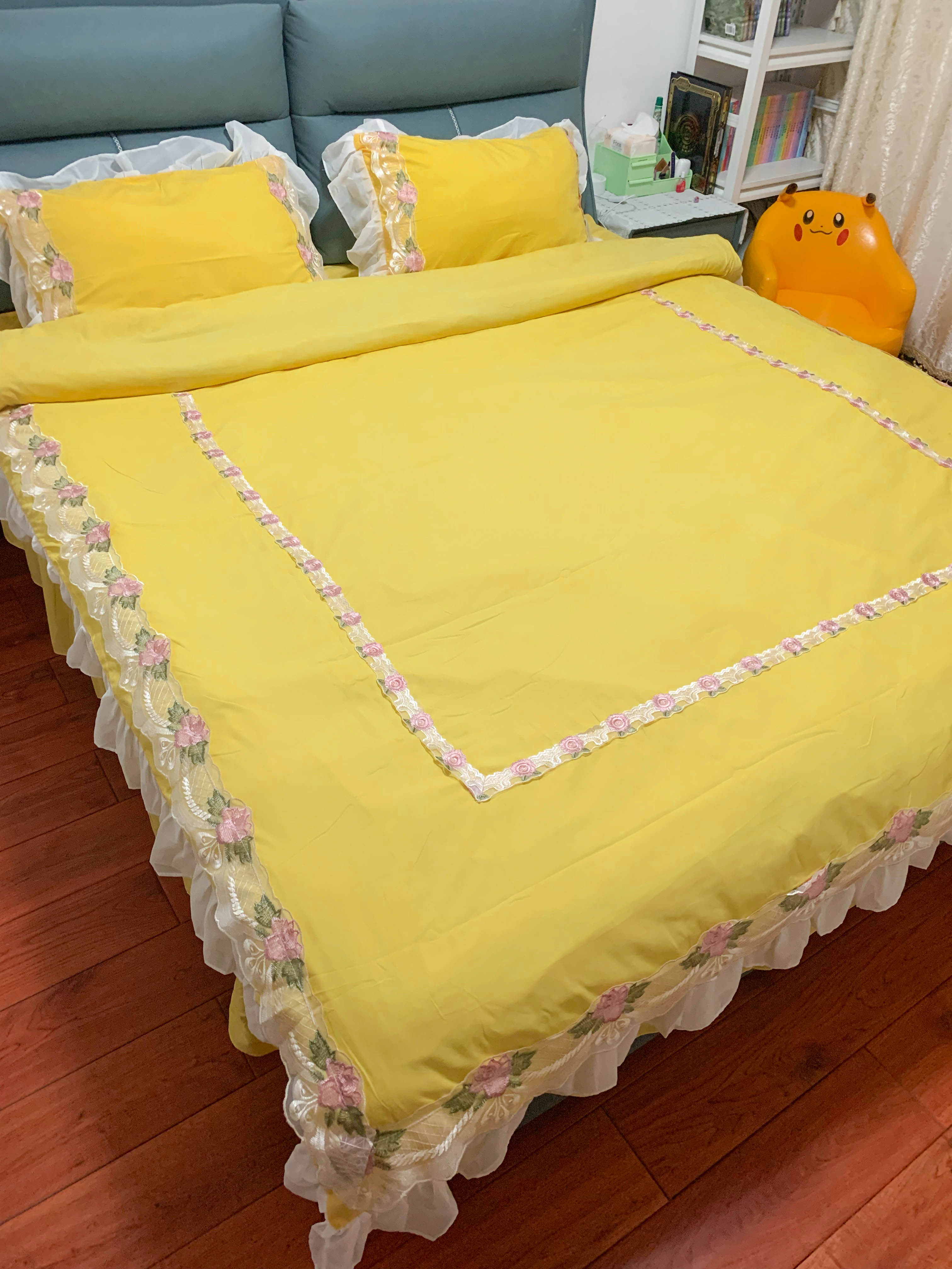 91家纺网 家纺一手货源 找家纺 芭比蔓 2024新款韩版雪纺磨毛四件套-安妮公主 嫩黄色