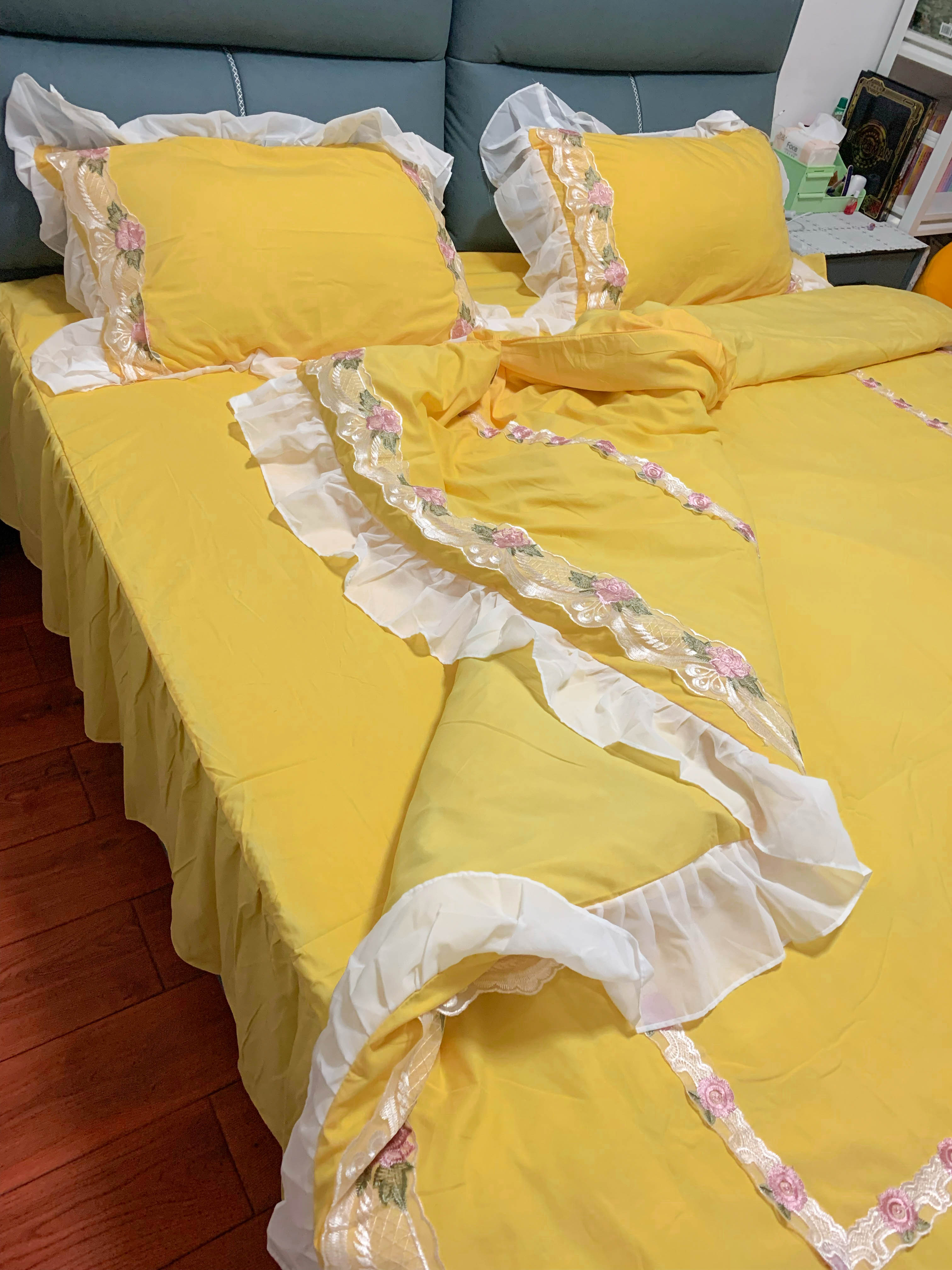 91家纺网 家纺一手货源 找家纺 芭比蔓 2024新款韩版雪纺磨毛四件套-安妮公主 嫩黄色