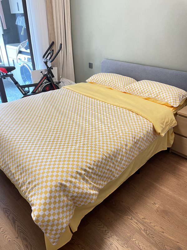 91家纺网 家纺一手货源 找家纺 大米家居 2023新款海岛棉小包边四件套-棋盘格棋盘格-黄色