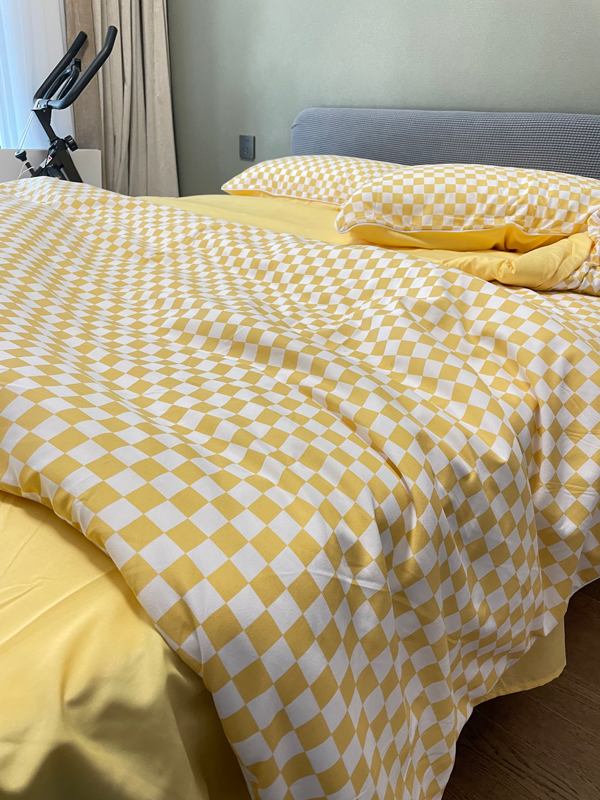 91家纺网 家纺一手货源 找家纺 大米家居 2023新款海岛棉小包边四件套-棋盘格棋盘格-黄色