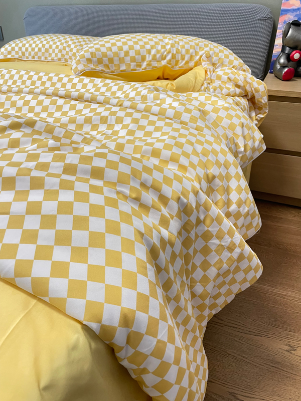 91家纺网 家纺一手货源 找家纺 大米家居 2023新款海岛棉小包边四件套-棋盘格棋盘格-黄色