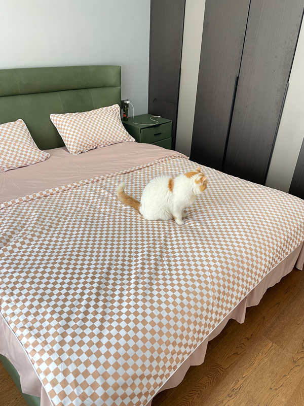 91家纺网 家纺一手货源 找家纺 大米家居 2023新款海岛棉小包边四件套-棋盘格棋盘格-咖色