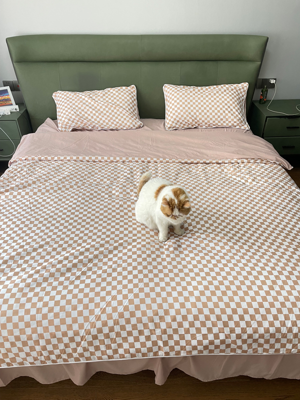 91家纺网 家纺一手货源 找家纺 大米家居 2023新款海岛棉小包边四件套-棋盘格棋盘格-咖色