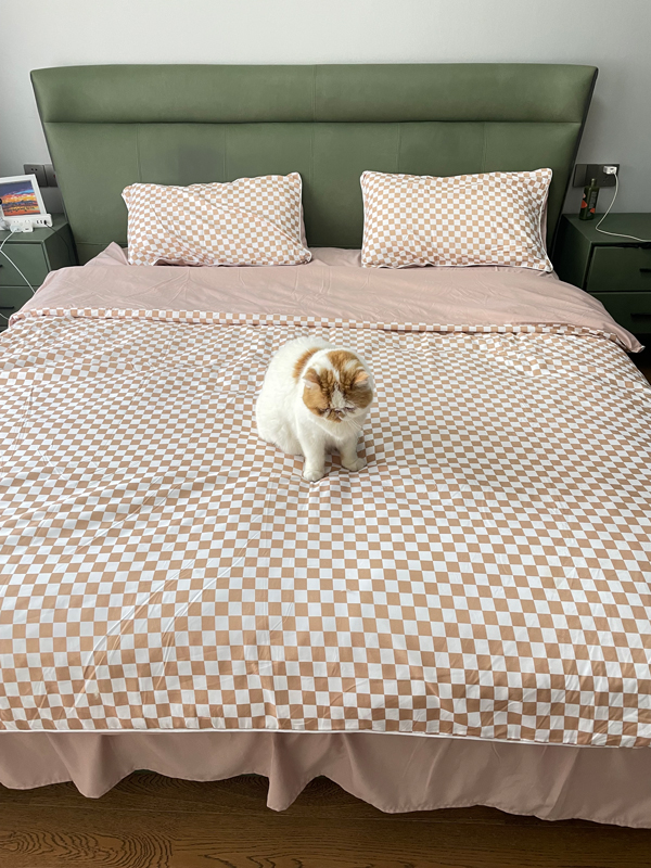 91家纺网 家纺一手货源 找家纺 大米家居 2023新款海岛棉小包边四件套-棋盘格棋盘格-咖色