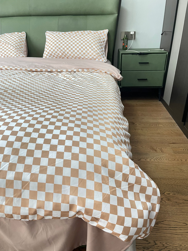 91家纺网 家纺一手货源 找家纺 大米家居 2023新款海岛棉小包边四件套-棋盘格棋盘格-咖色