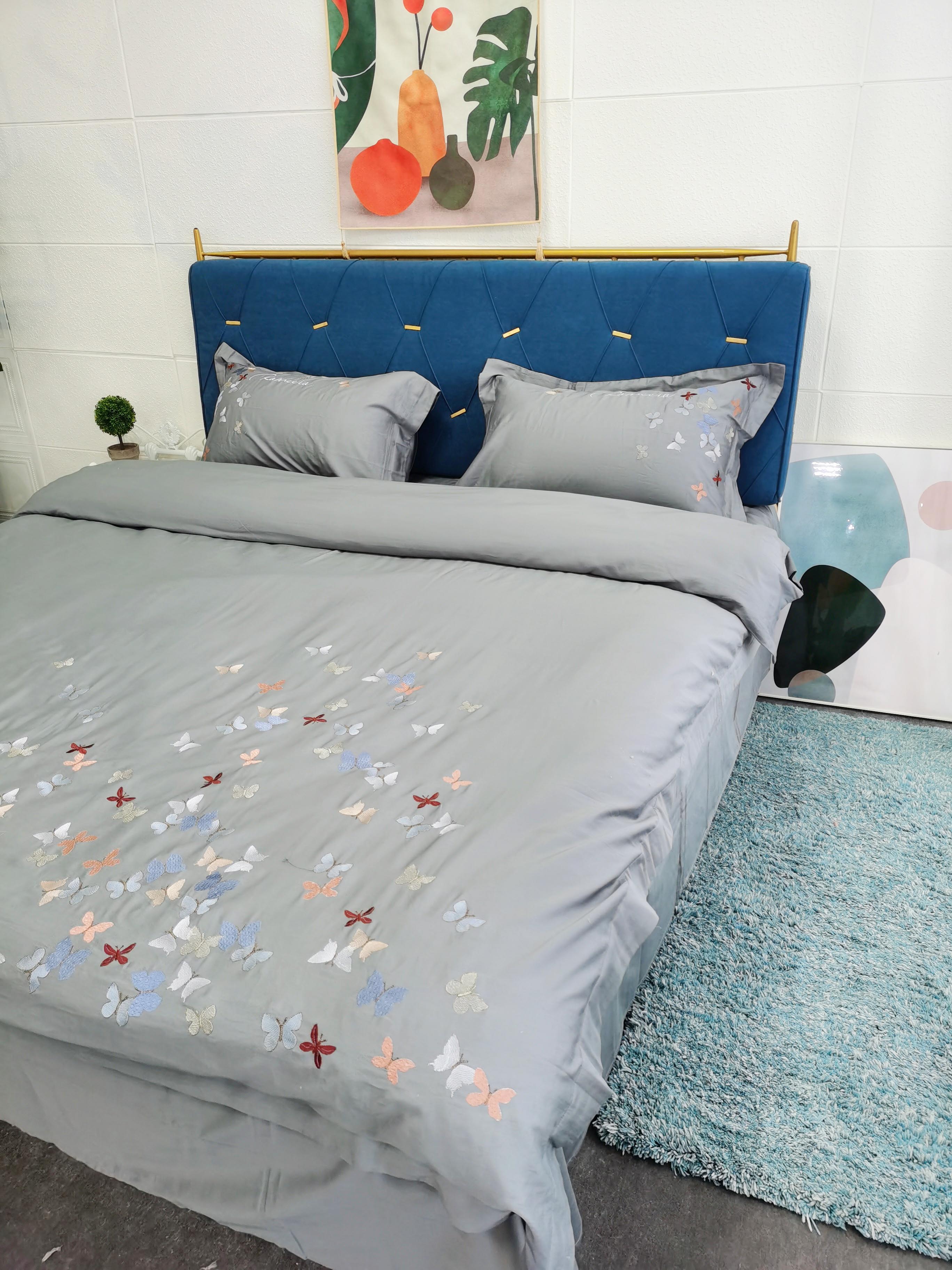 91家纺网 家纺一手货源 找家纺 理想家 2022新款13372全棉刺绣四件套-蝴蝶 灰色