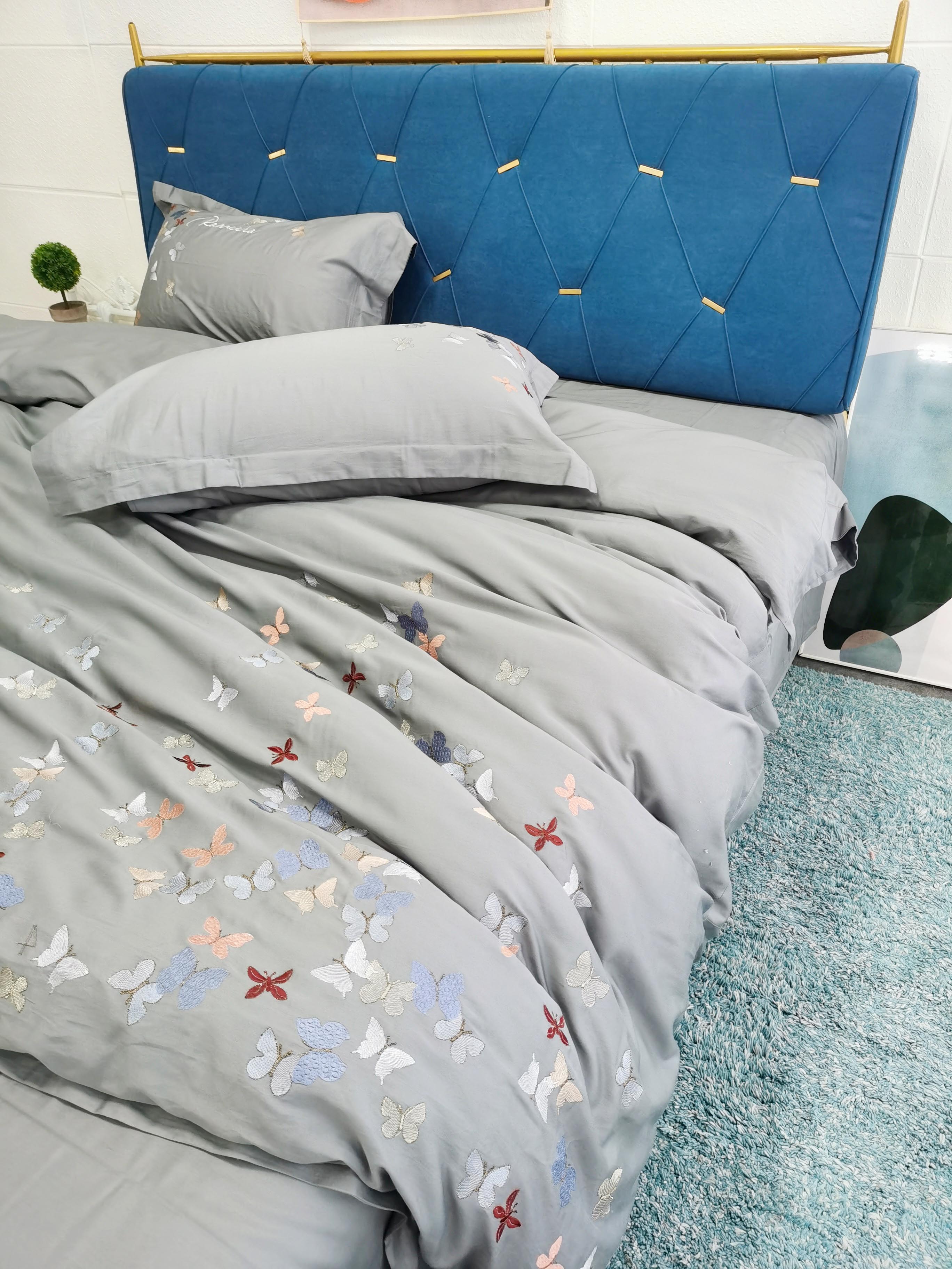 91家纺网 家纺一手货源 找家纺 理想家 2022新款13372全棉刺绣四件套-蝴蝶 灰色