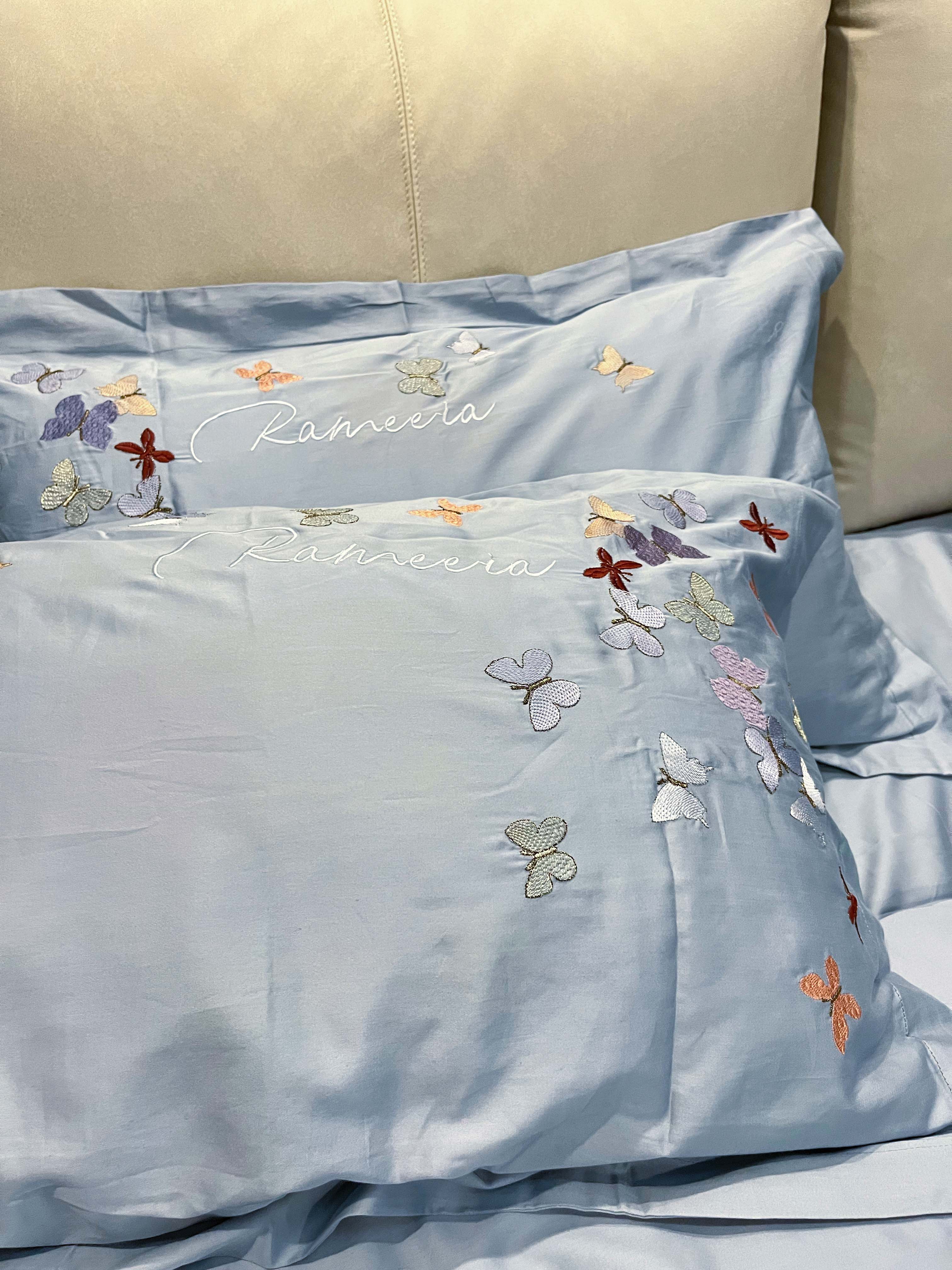 91家纺网 家纺一手货源 找家纺 理想家 2022新款13372全棉刺绣四件套-蝴蝶 蓝色