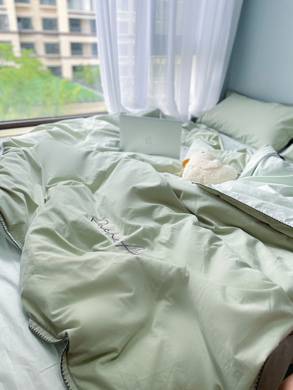 91家纺网 家纺一手货源 找家纺 艾莱2023新款A类新疆长绒棉加厚柔顺磨毛四件套瑞秋-青绿