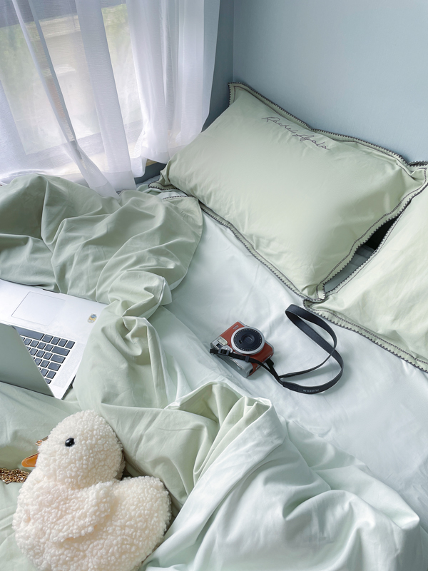 91家纺网 家纺一手货源 找家纺 艾莱2023新款A类新疆长绒棉加厚柔顺磨毛四件套瑞秋-青绿