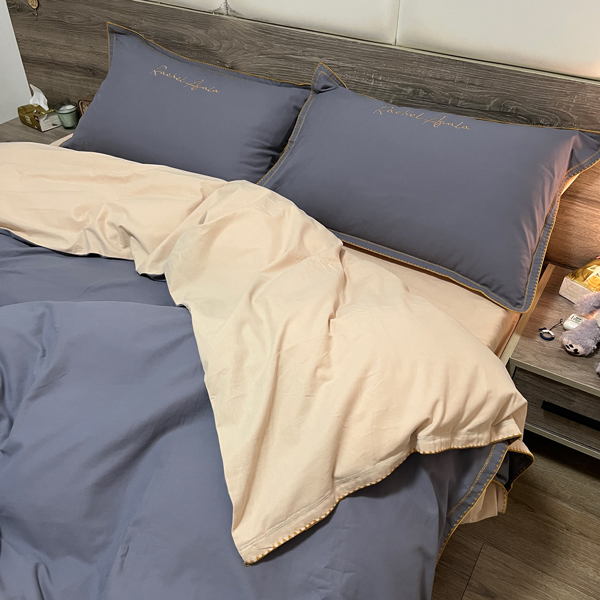 91家纺网 家纺一手货源 找家纺 艾莱2023新款A类新疆长绒棉加厚柔顺磨毛四件套瑞秋-蓝莓灰