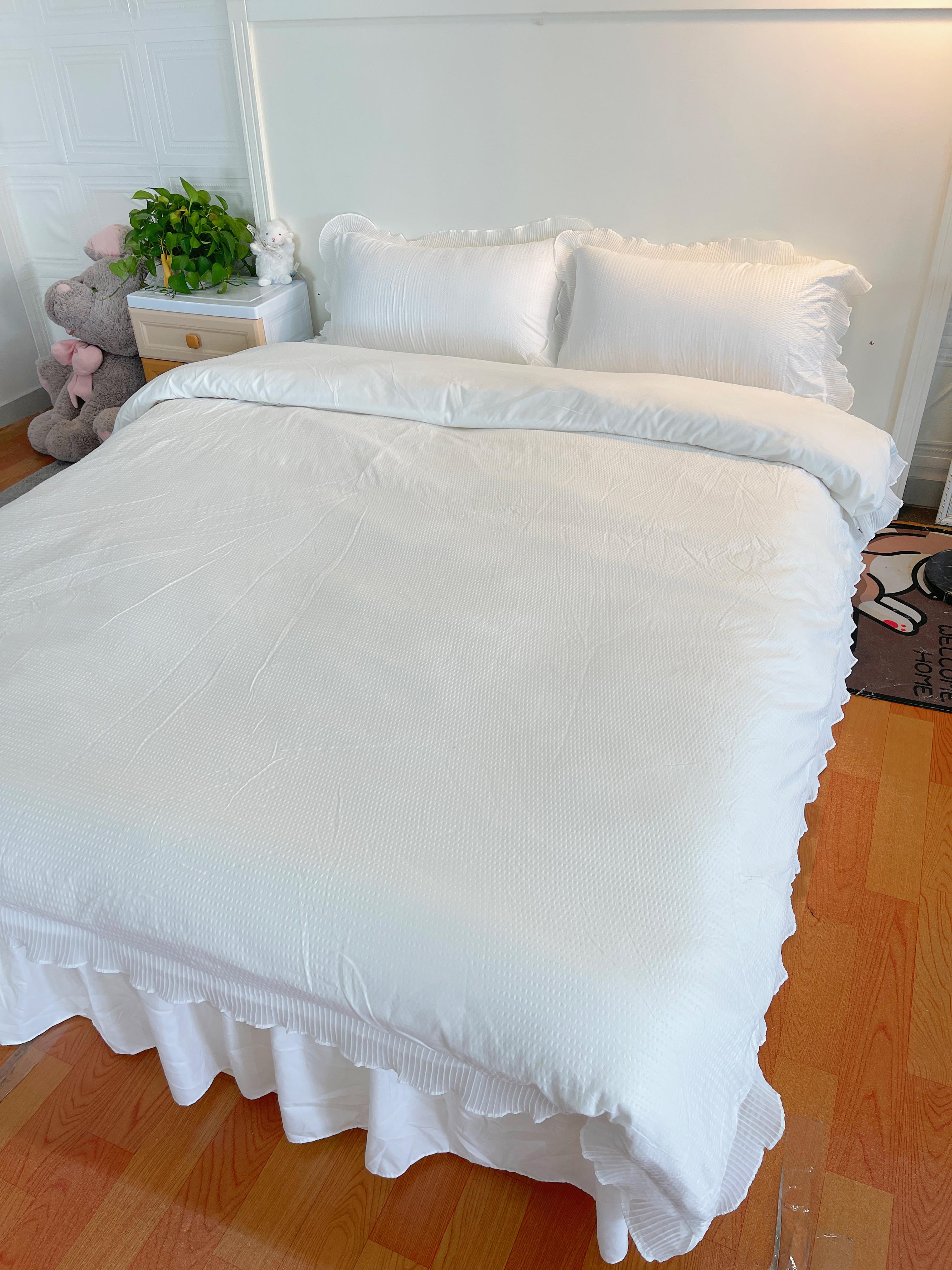 91家纺网 家纺一手货源 找家纺 慕澄家纺 2022新款华夫格雪纺花边四件套 奶白色