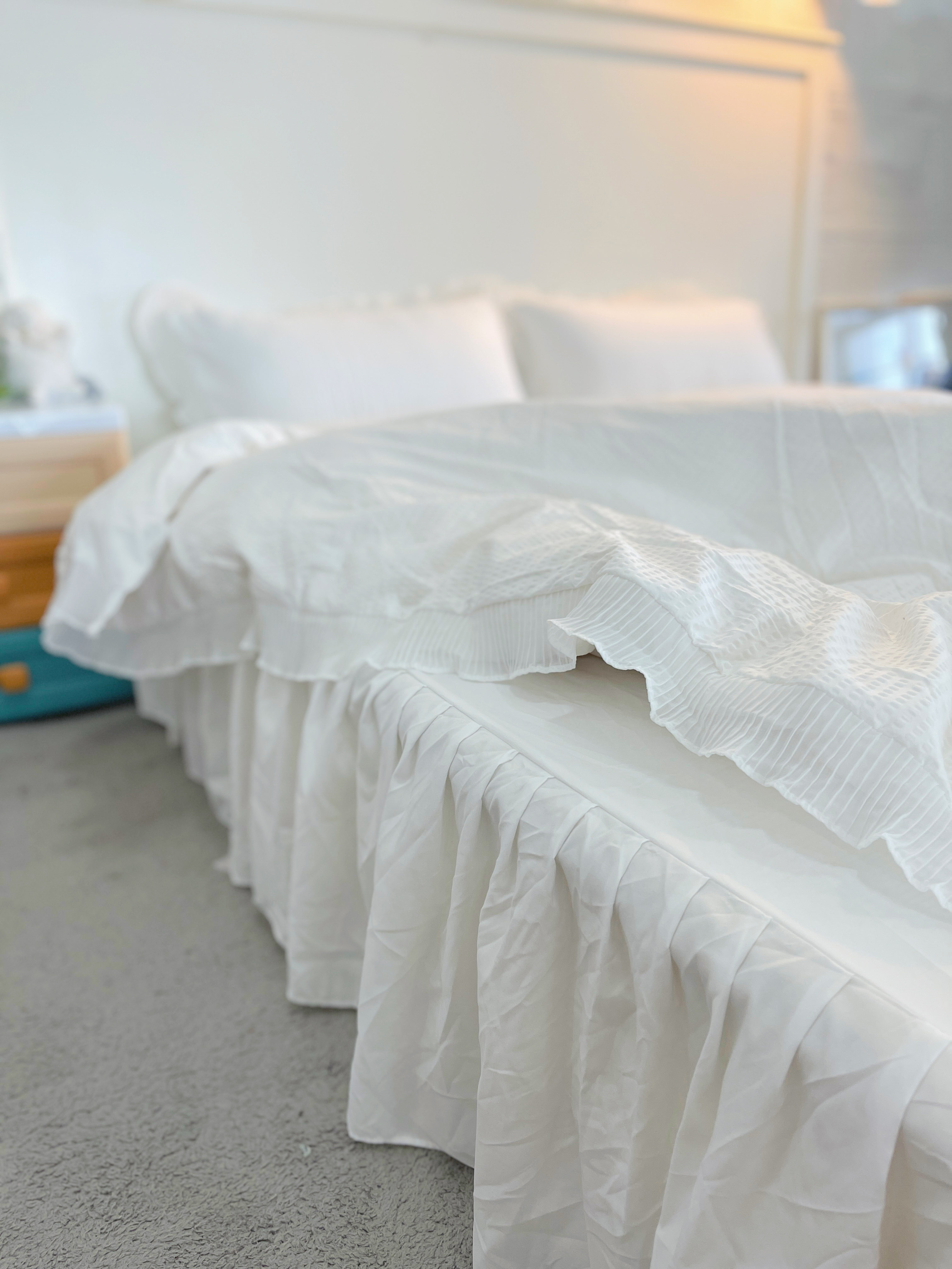 91家纺网 家纺一手货源 找家纺 慕澄家纺 2022新款华夫格雪纺花边四件套 奶白色