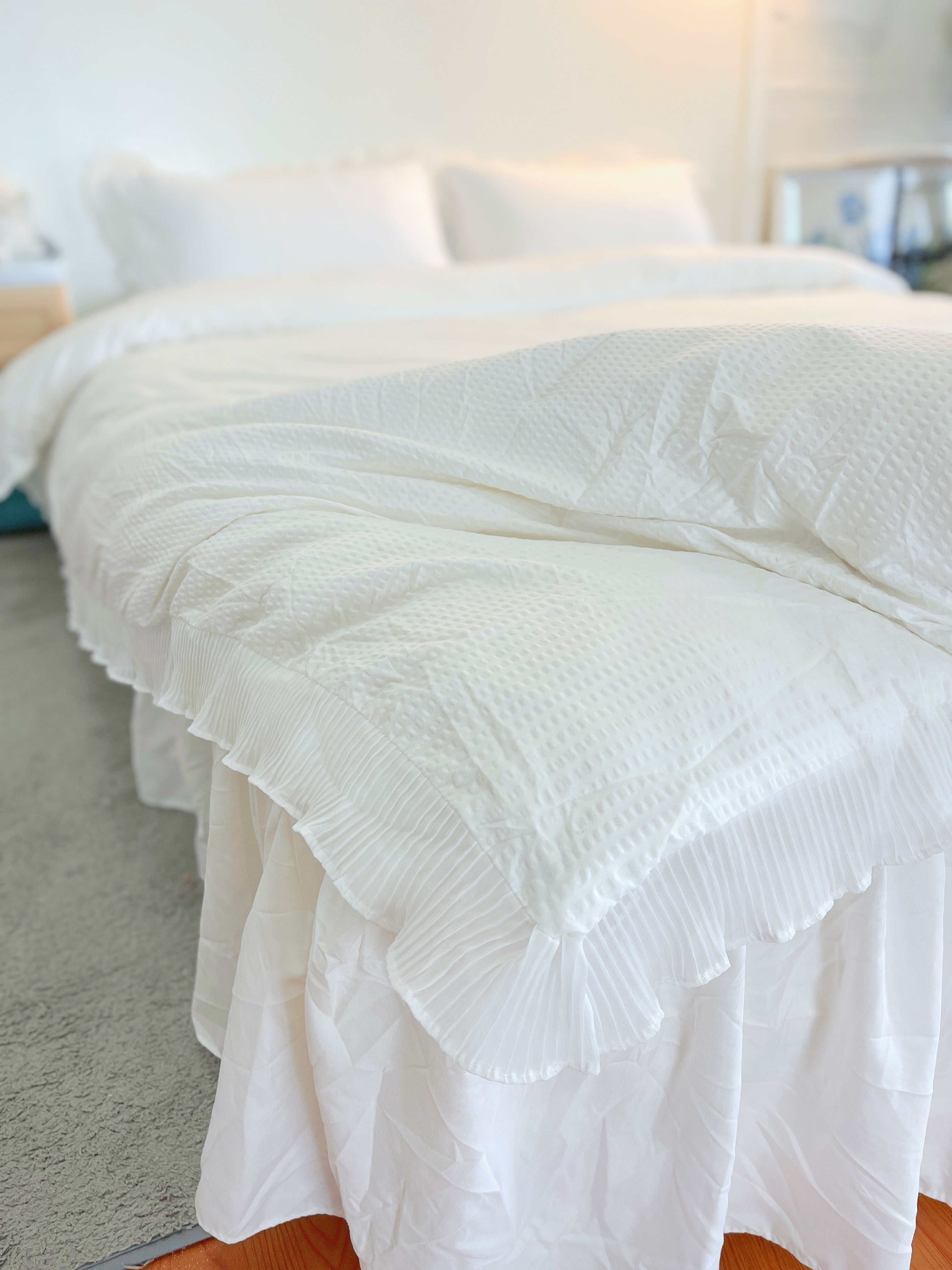 91家纺网 家纺一手货源 找家纺 慕澄家纺 2022新款华夫格雪纺花边四件套 奶白色