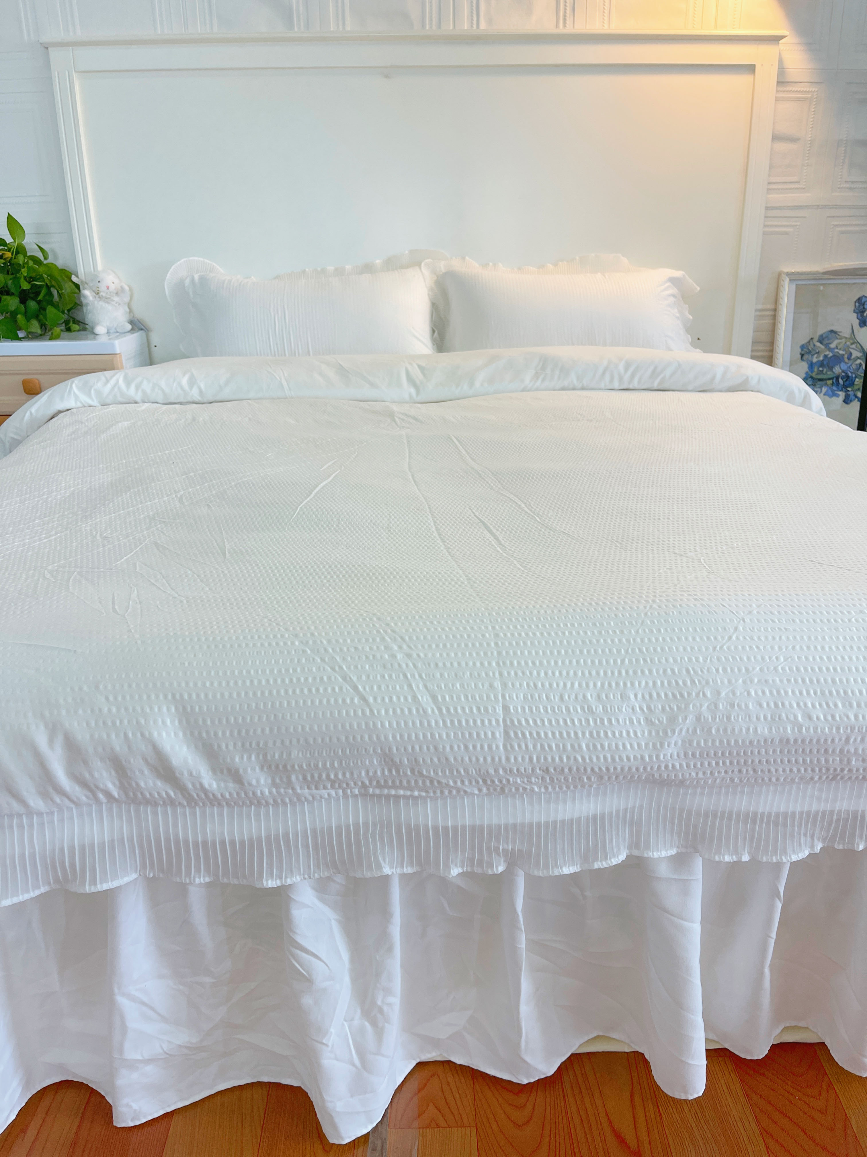 91家纺网 家纺一手货源 找家纺 慕澄家纺 2022新款华夫格雪纺花边四件套 奶白色